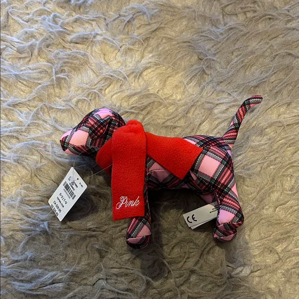 NWT Pink By Victoria Secret Pink Plaid Stuffed Dog with Logo Red Scarf‎